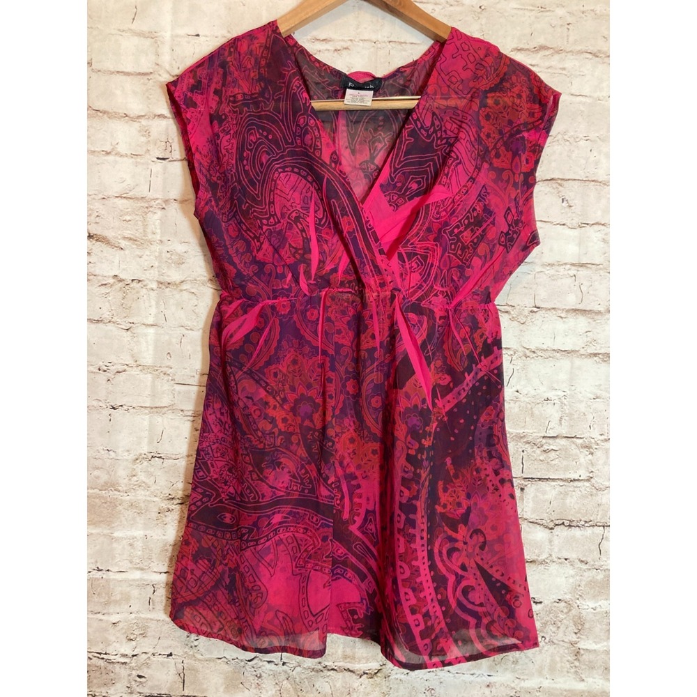Fleurish Boho Top Womens Large Magenta Pink Mixed Print Babydoll Hippie Lined